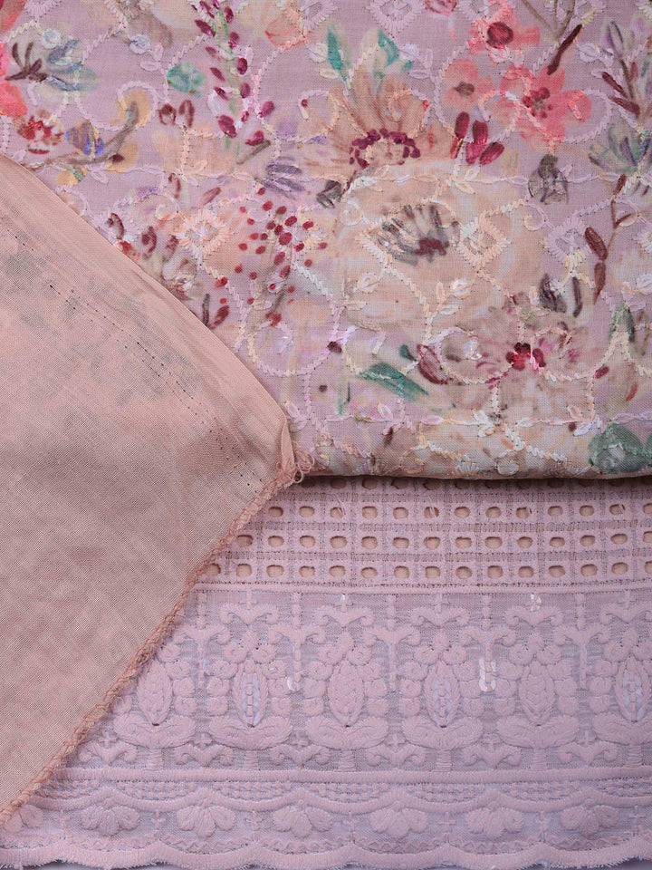 Peach Printed Cotton Blend Unstitched Suit &amp; Pant With Cotton Dupatta