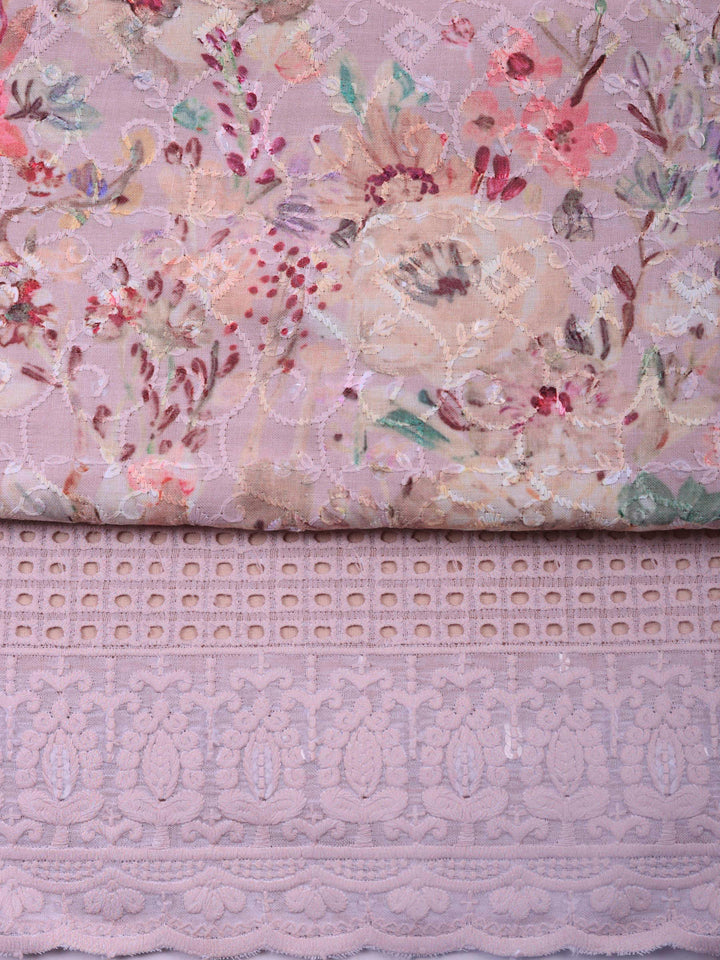 Peach Printed Cotton Blend Unstitched Suit &amp; Pant With Cotton Dupatta