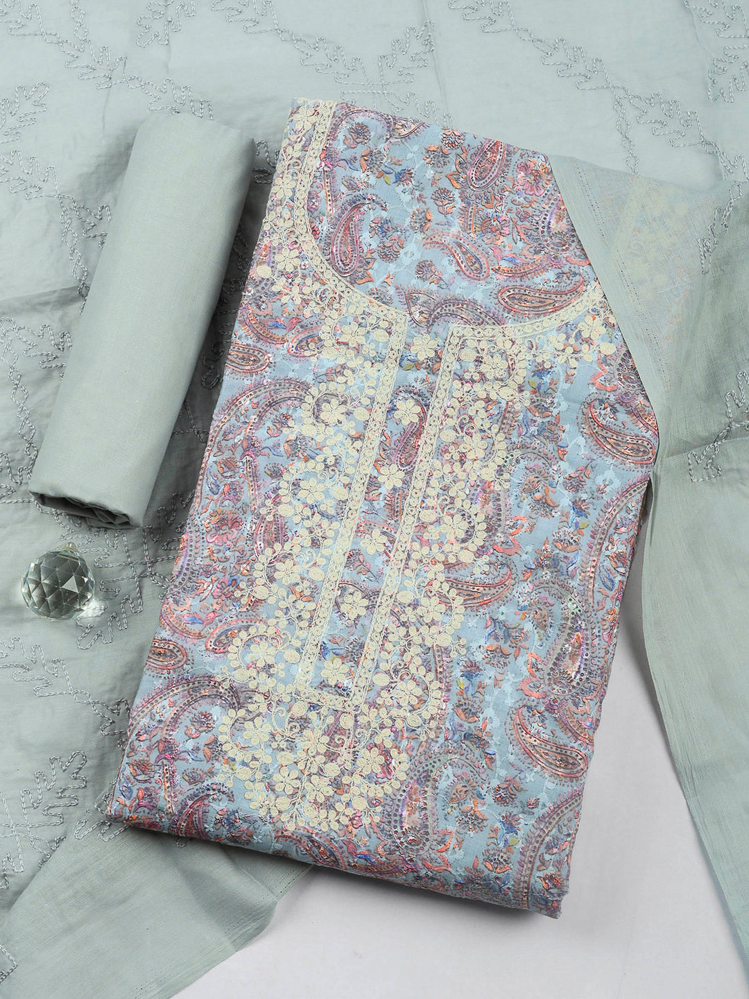 Blue Embroidered Cotton Blend Unstitched Suit &amp; Pant With Cotton Dupatta