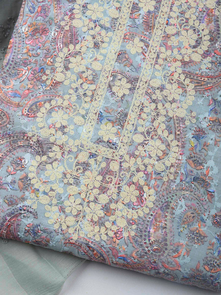 Blue Embroidered Cotton Blend Unstitched Suit &amp; Pant With Cotton Dupatta