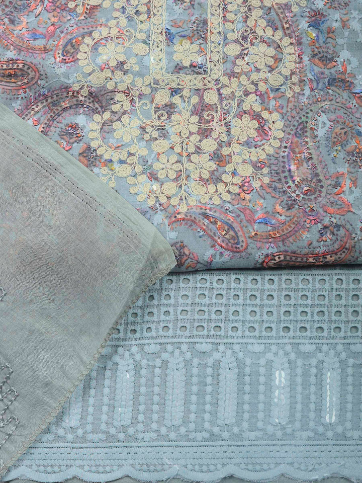 Blue Embroidered Cotton Blend Unstitched Suit &amp; Pant With Cotton Dupatta
