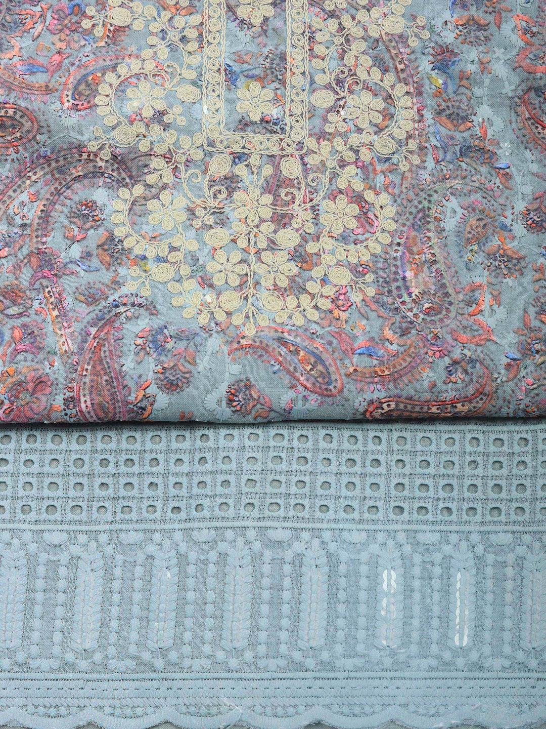 Blue Embroidered Cotton Blend Unstitched Suit &amp; Pant With Cotton Dupatta