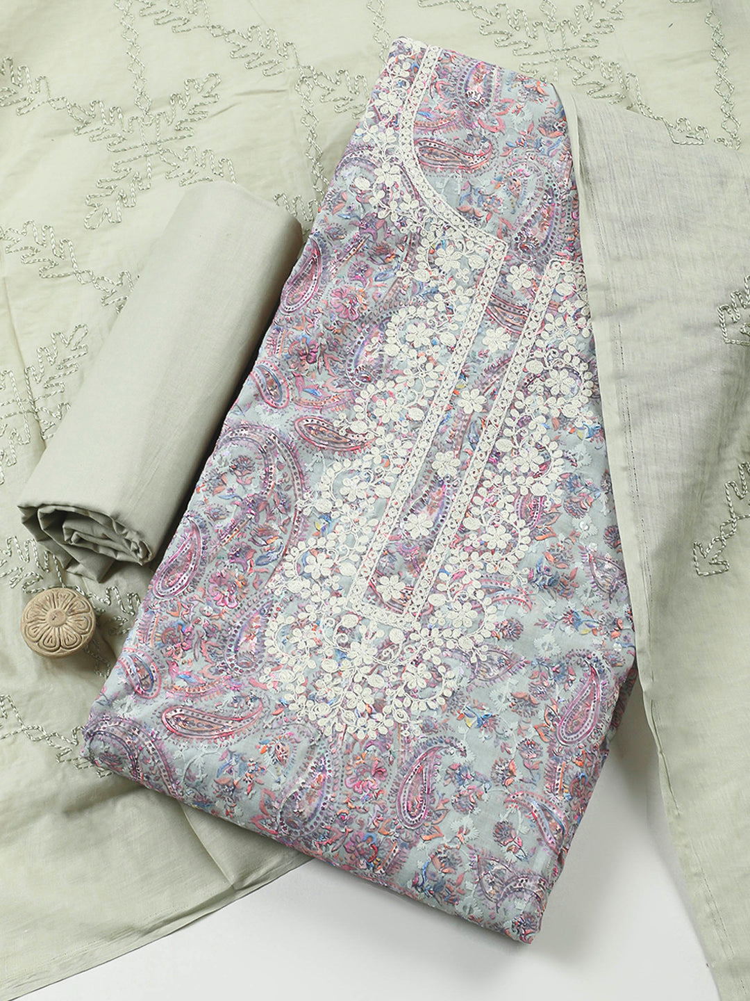 Grey Embroidered Cotton Blend Unstitched Suit &amp; Pant With Cotton Dupatta