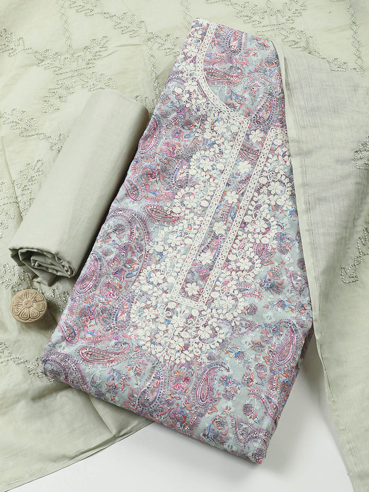 Grey Embroidered Cotton Blend Unstitched Suit &amp; Pant With Cotton Dupatta