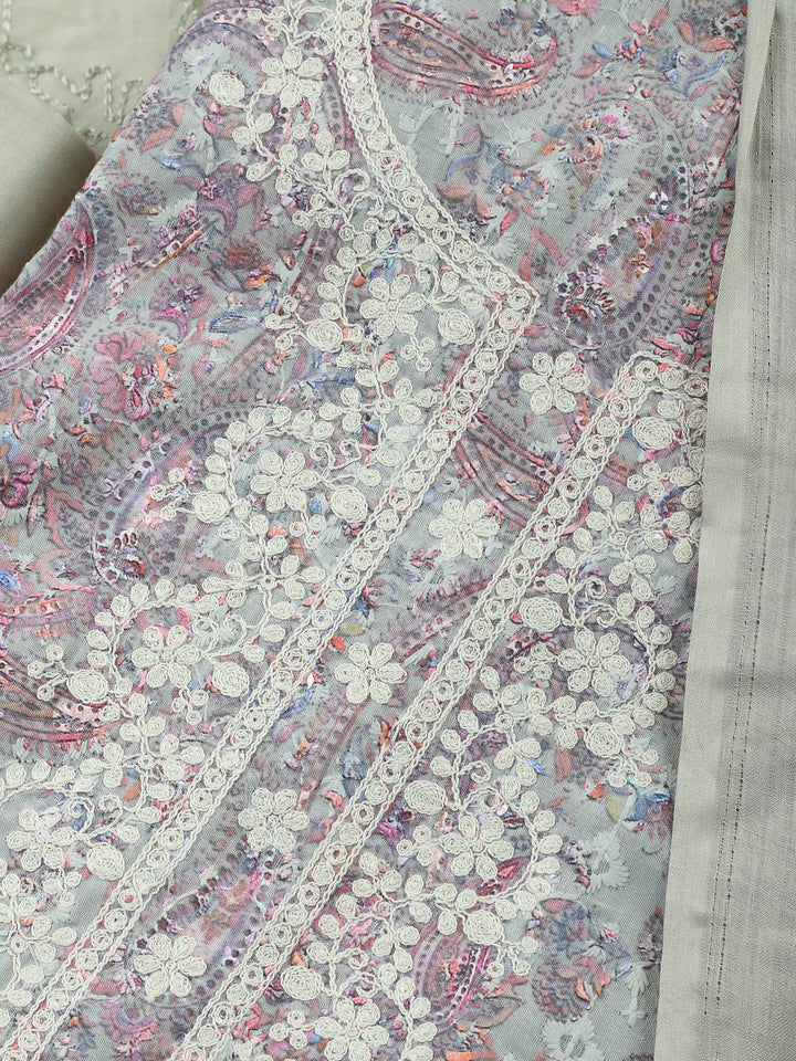 Grey Embroidered Cotton Blend Unstitched Suit &amp; Pant With Cotton Dupatta