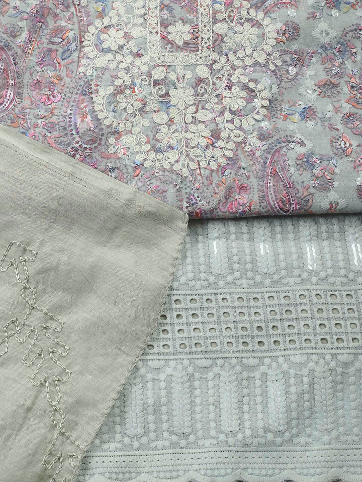 Grey Embroidered Cotton Blend Unstitched Suit &amp; Pant With Cotton Dupatta