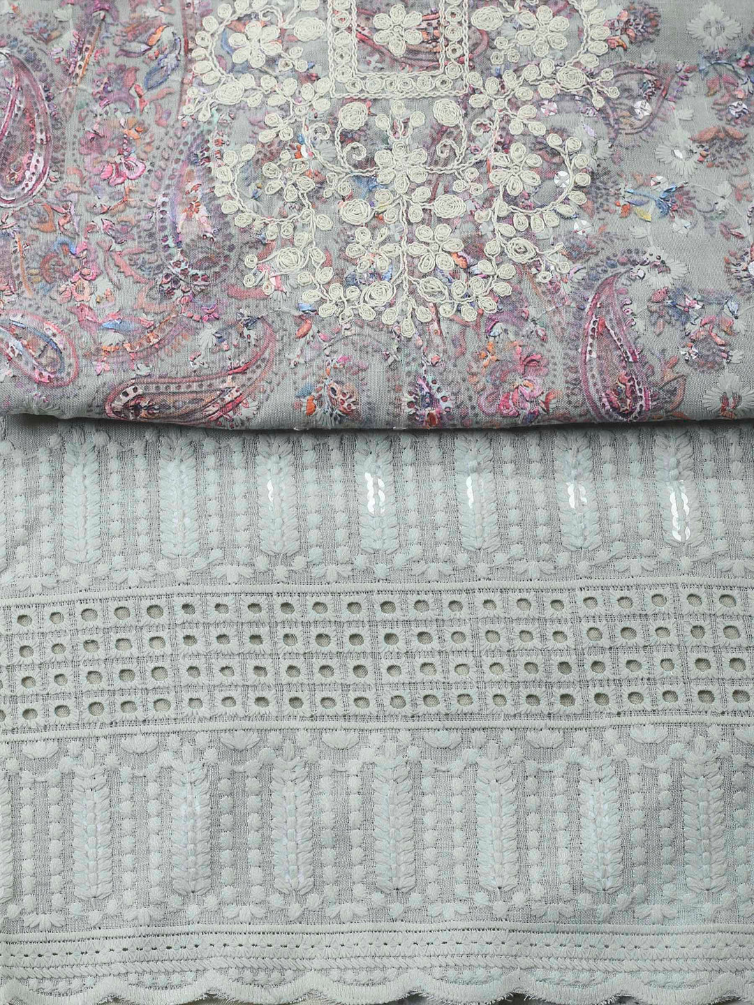 Grey Embroidered Cotton Blend Unstitched Suit &amp; Pant With Cotton Dupatta