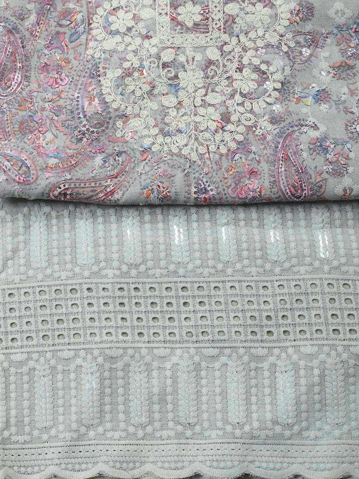 Grey Embroidered Cotton Blend Unstitched Suit &amp; Pant With Cotton Dupatta