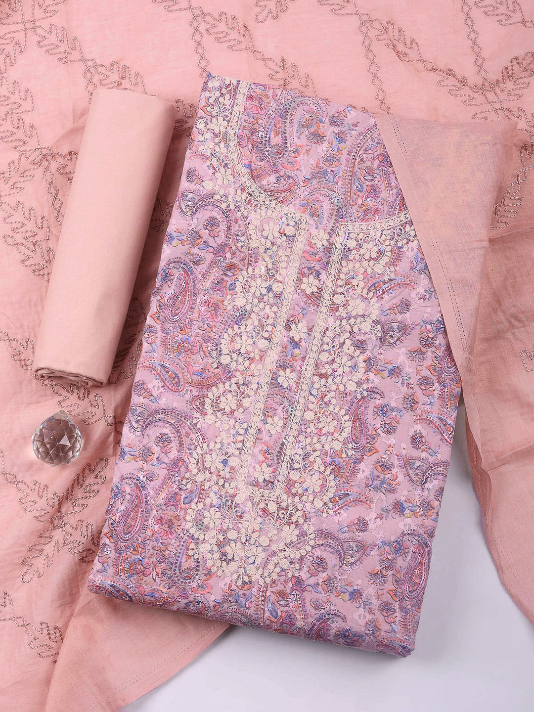 Peach Embroidered Cotton Blend Unstitched Suit &amp; Pant With Cotton Dupatta