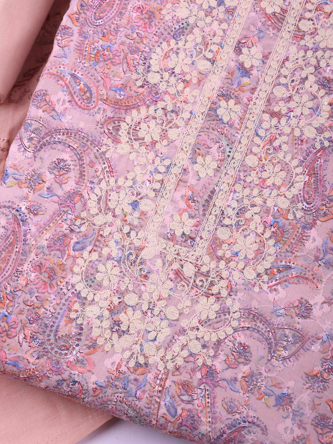 Peach Embroidered Cotton Blend Unstitched Suit &amp; Pant With Cotton Dupatta