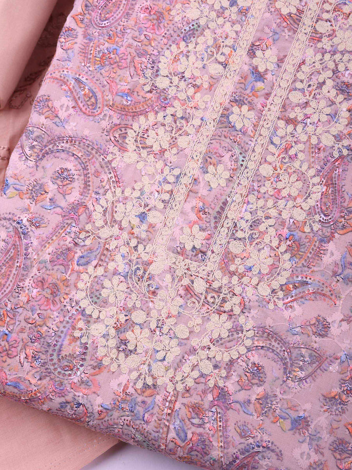Peach Embroidered Cotton Blend Unstitched Suit &amp; Pant With Cotton Dupatta