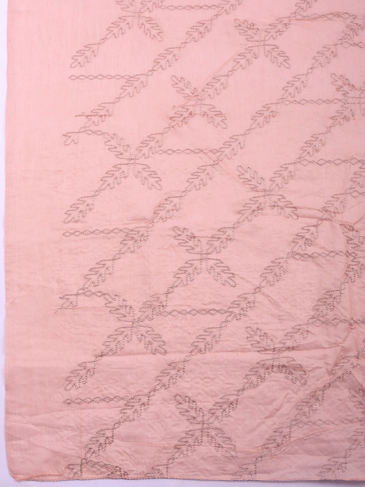 Peach Embroidered Cotton Blend Unstitched Suit &amp; Pant With Cotton Dupatta