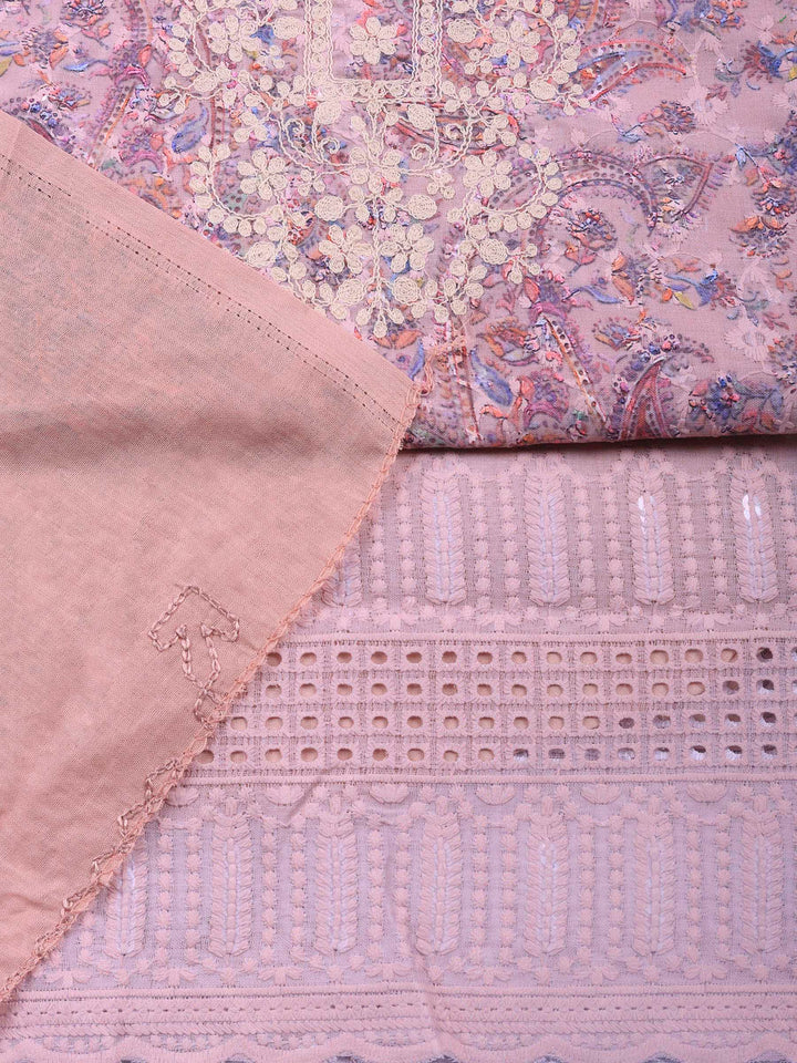 Peach Embroidered Cotton Blend Unstitched Suit &amp; Pant With Cotton Dupatta