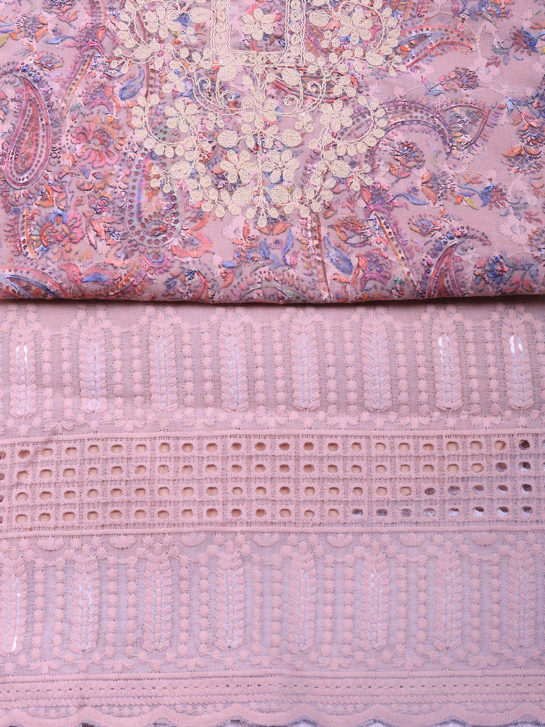 Peach Embroidered Cotton Blend Unstitched Suit &amp; Pant With Cotton Dupatta
