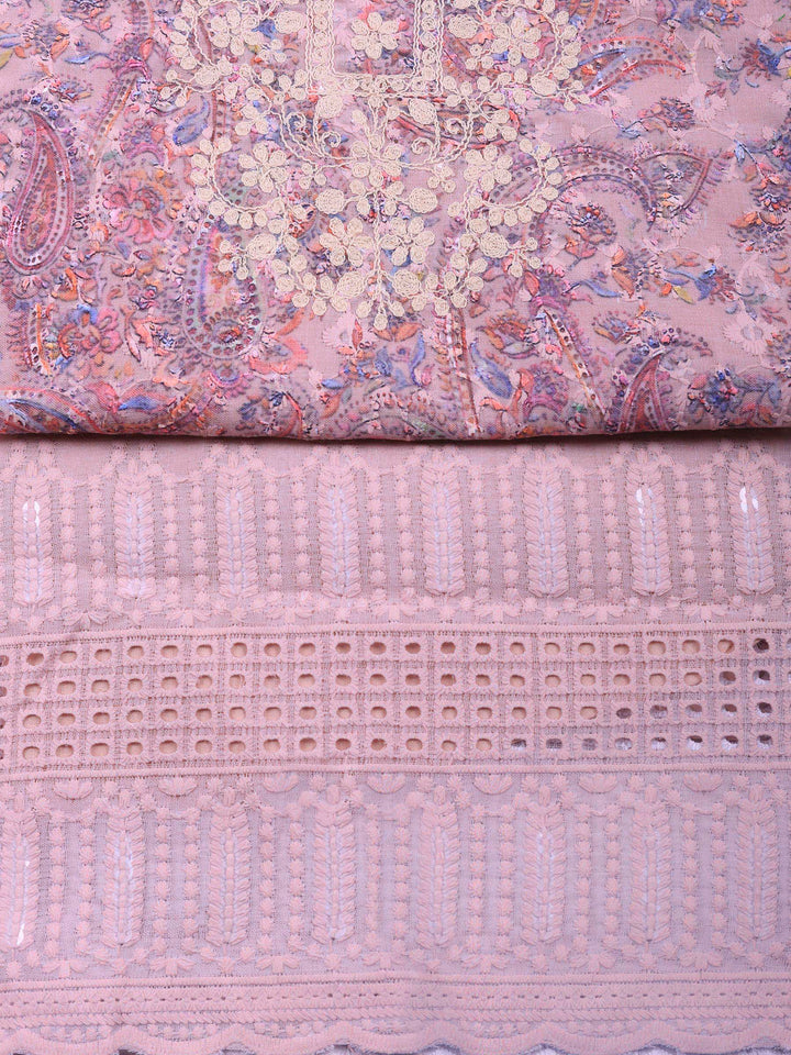 Peach Embroidered Cotton Blend Unstitched Suit &amp; Pant With Cotton Dupatta