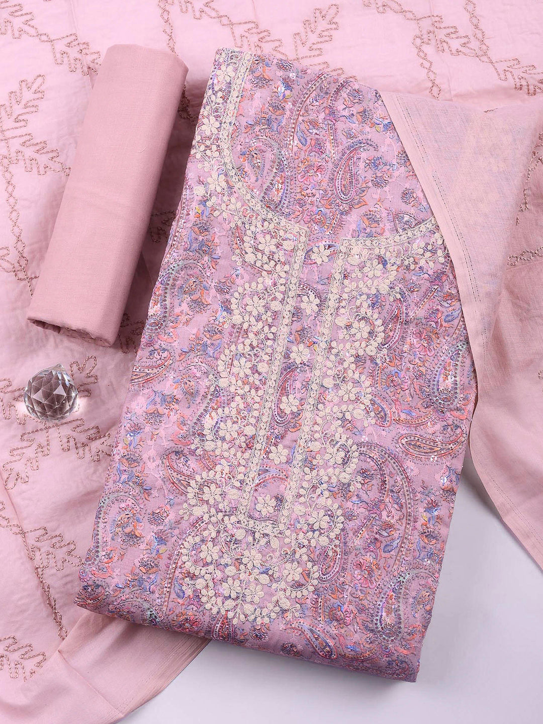 Pink Lavender Embroidered Cotton Blend Unstitched Suit &amp; Pant With Cotton Dupatta