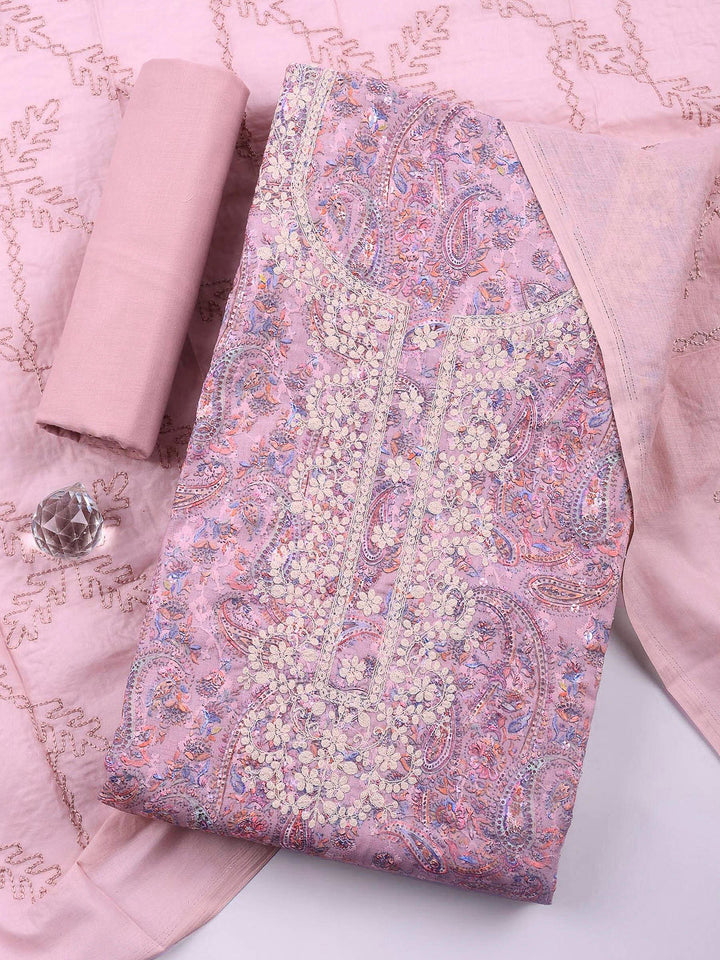 Pink Lavender Embroidered Cotton Blend Unstitched Suit &amp; Pant With Cotton Dupatta