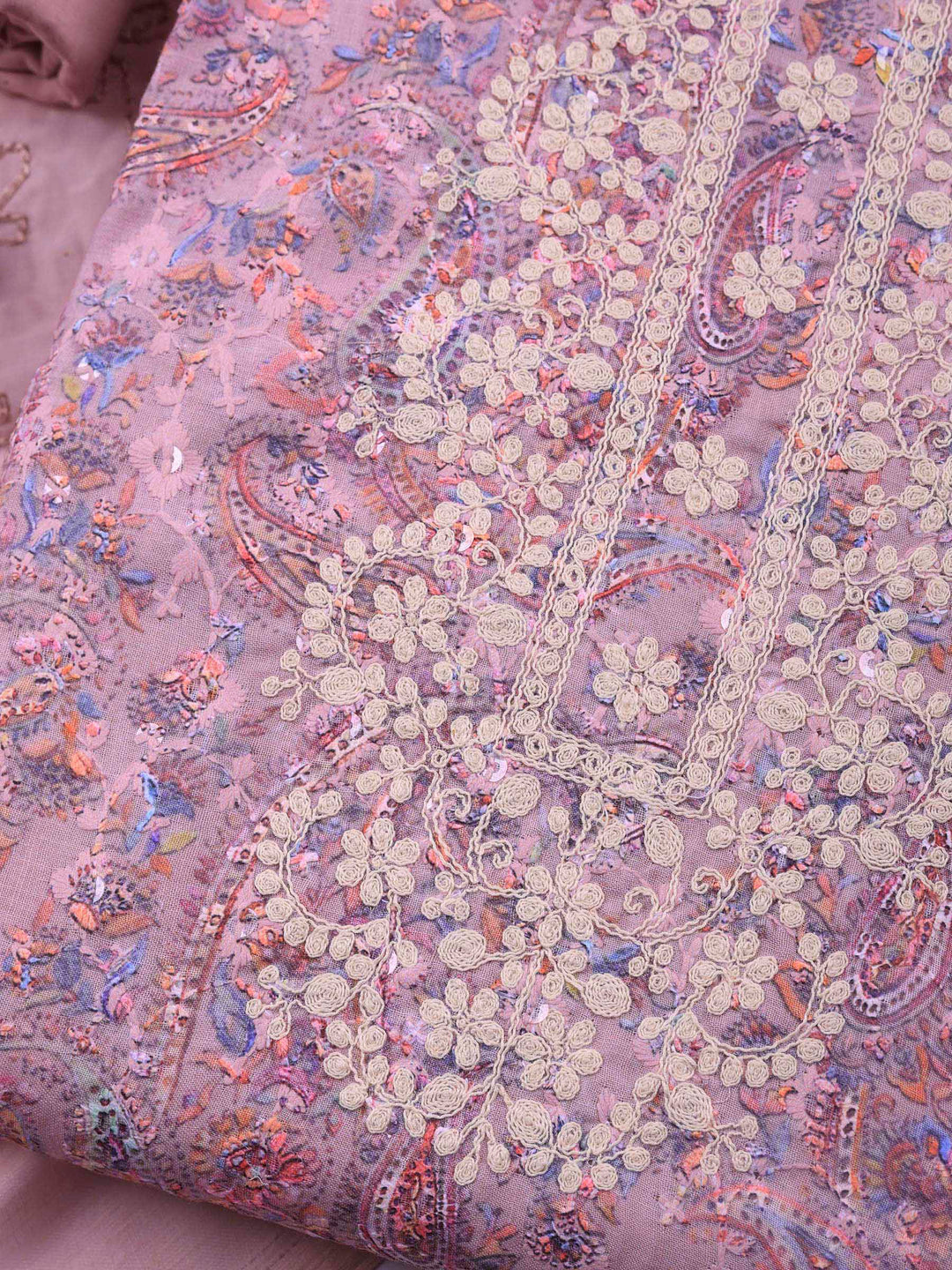 Pink Lavender Embroidered Cotton Blend Unstitched Suit &amp; Pant With Cotton Dupatta