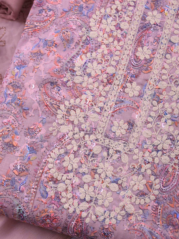 Pink Lavender Embroidered Cotton Blend Unstitched Suit &amp; Pant With Cotton Dupatta