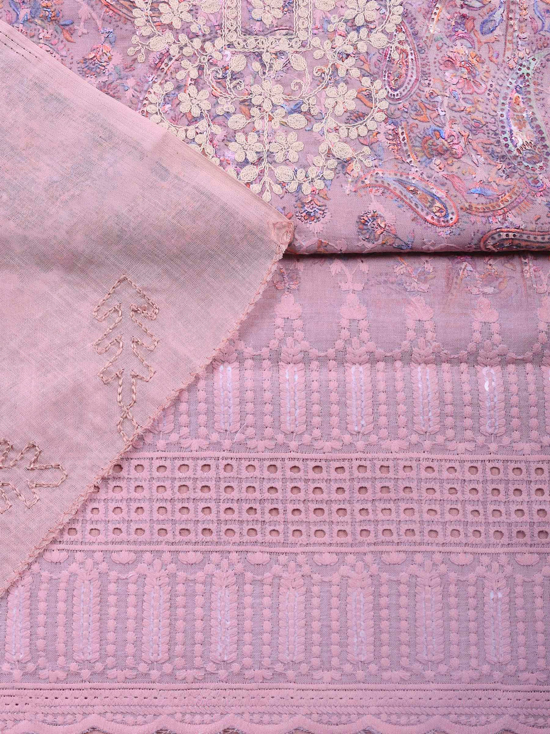 Pink Lavender Embroidered Cotton Blend Unstitched Suit &amp; Pant With Cotton Dupatta