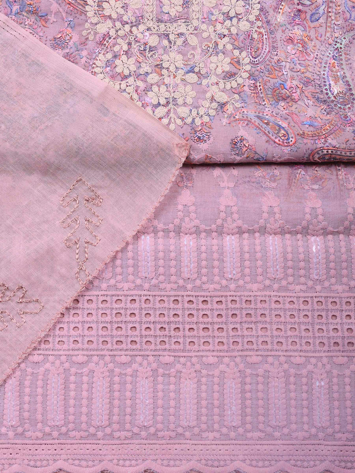 Pink Lavender Embroidered Cotton Blend Unstitched Suit &amp; Pant With Cotton Dupatta