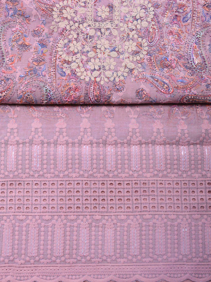 Pink Lavender Embroidered Cotton Blend Unstitched Suit &amp; Pant With Cotton Dupatta