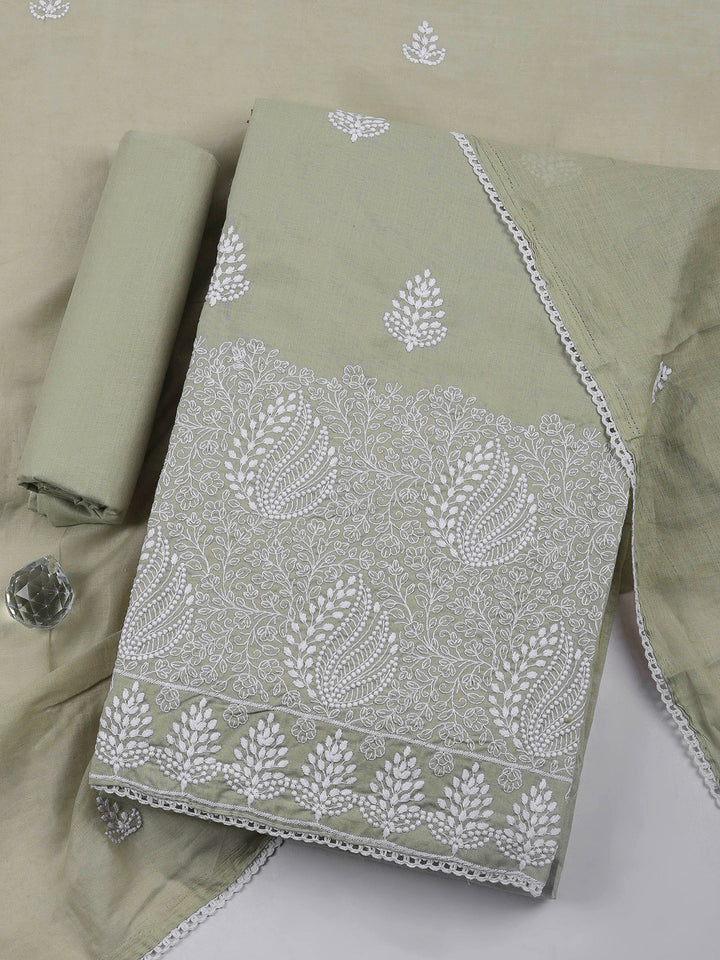 Beige Embroidered Cotton Blend Unstitched Suit &amp; Pant With Cotton Dupatta
