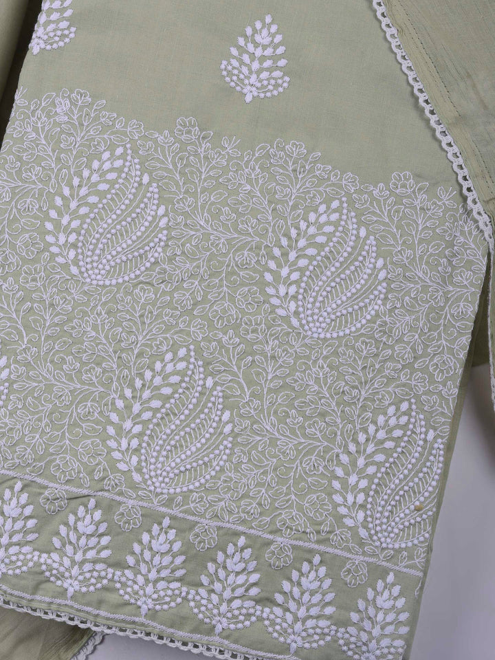 Beige Embroidered Cotton Blend Unstitched Suit &amp; Pant With Cotton Dupatta