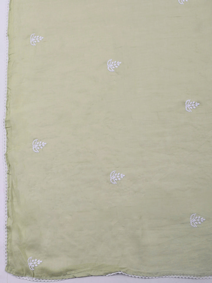 Beige Embroidered Cotton Blend Unstitched Suit &amp; Pant With Cotton Dupatta
