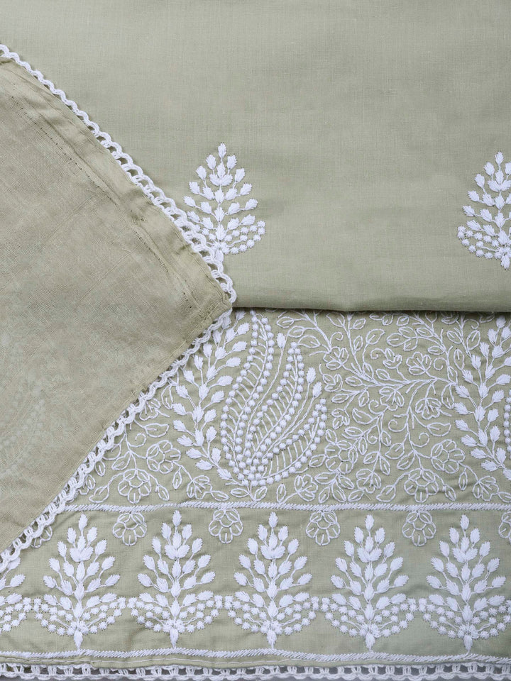 Beige Embroidered Cotton Blend Unstitched Suit &amp; Pant With Cotton Dupatta