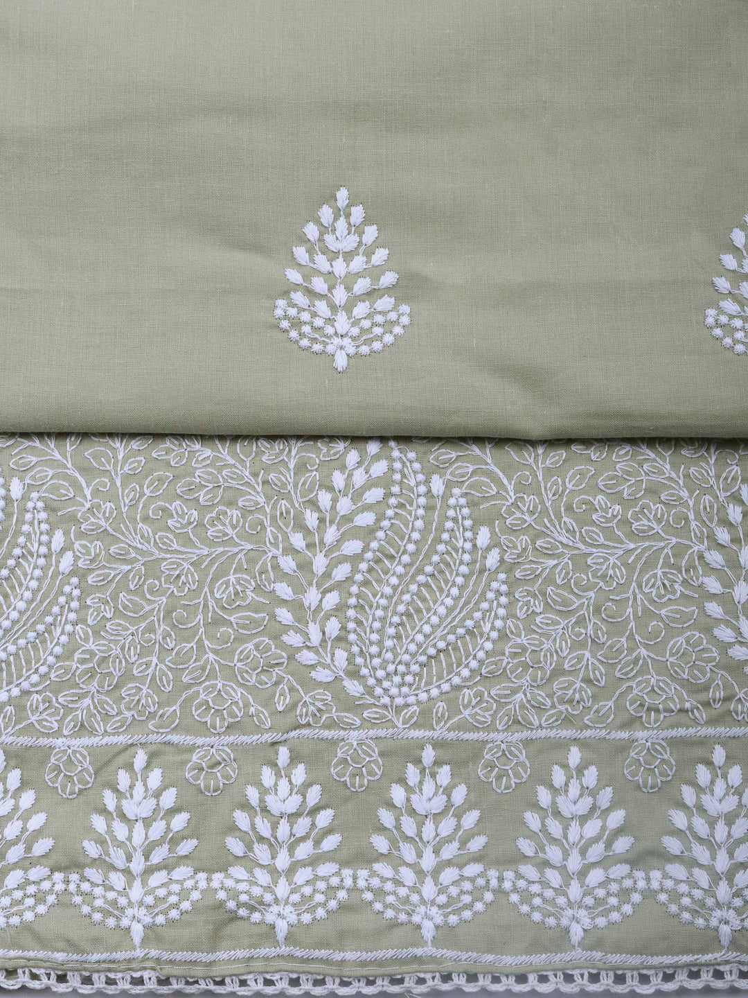 Beige Embroidered Cotton Blend Unstitched Suit &amp; Pant With Cotton Dupatta