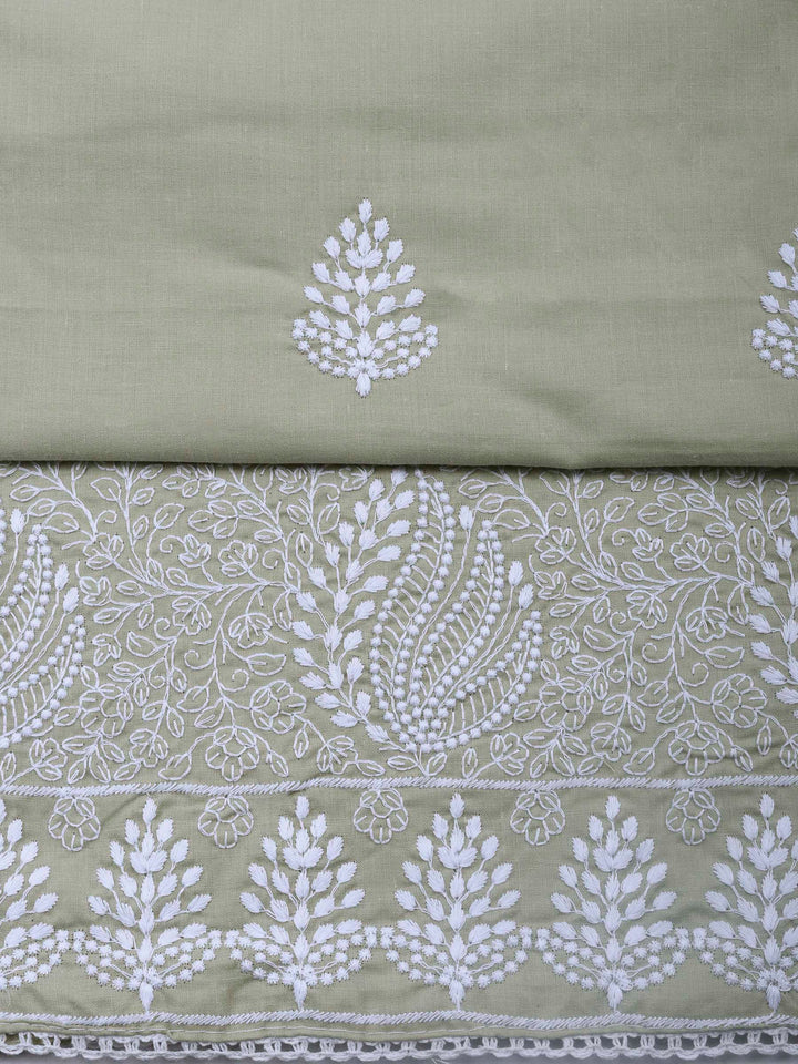 Beige Embroidered Cotton Blend Unstitched Suit &amp; Pant With Cotton Dupatta