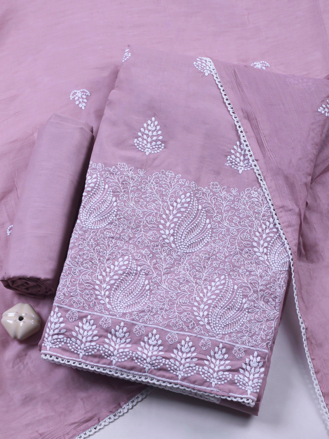 Dull Pink Embroidered Cotton Blend Unstitched Suit &amp; Pant With Cotton Dupatta