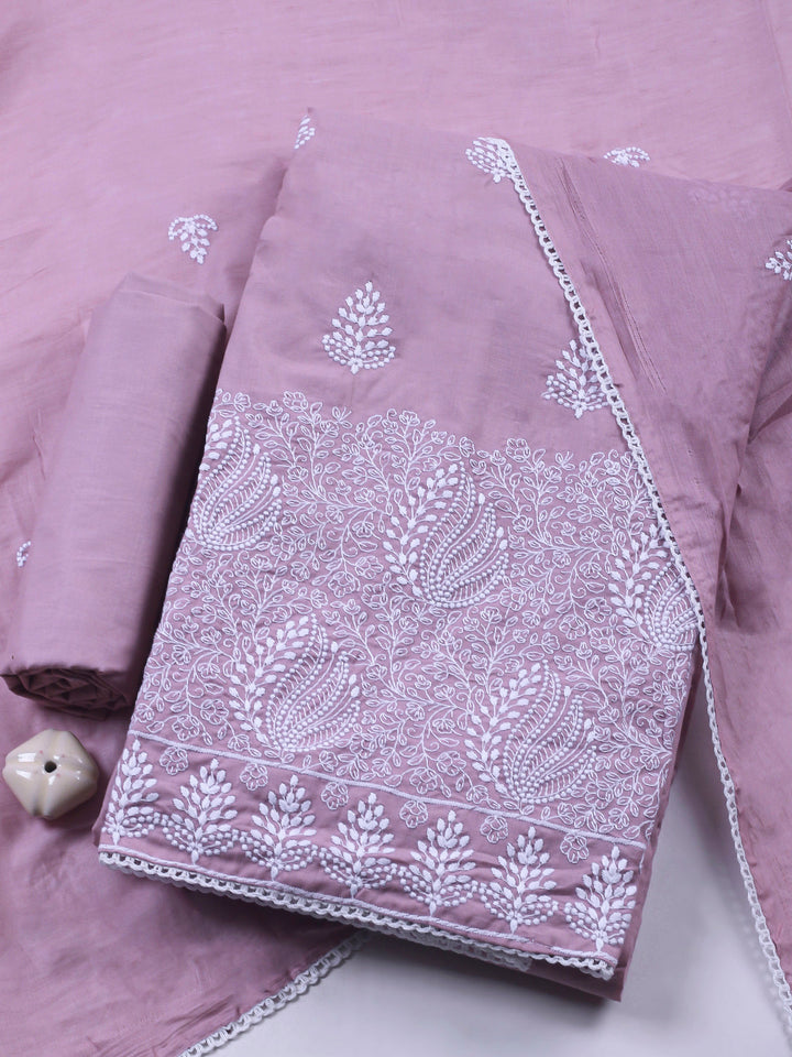 Dull Pink Embroidered Cotton Blend Unstitched Suit &amp; Pant With Cotton Dupatta