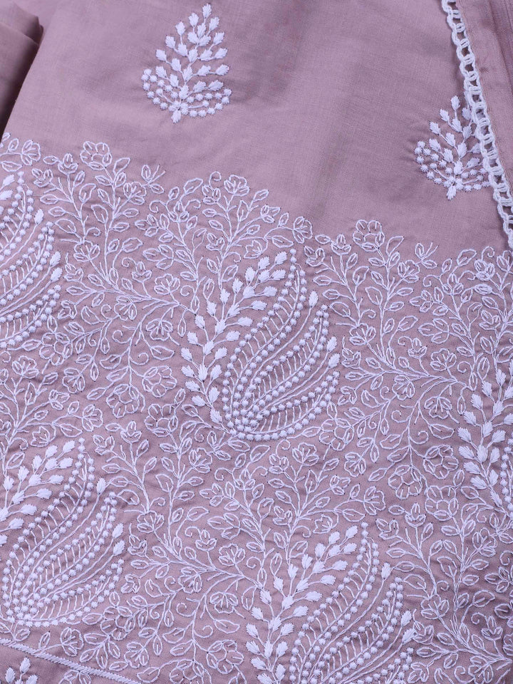 Dull Pink Embroidered Cotton Blend Unstitched Suit &amp; Pant With Cotton Dupatta