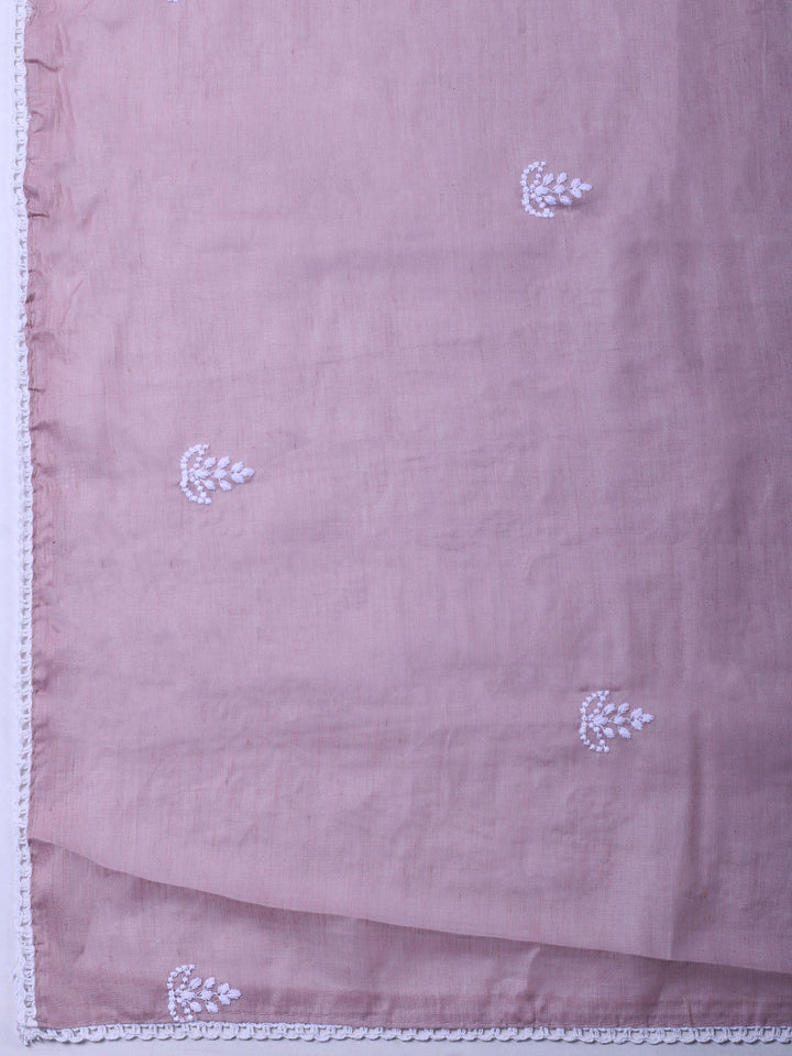 Dull Pink Embroidered Cotton Blend Unstitched Suit &amp; Pant With Cotton Dupatta