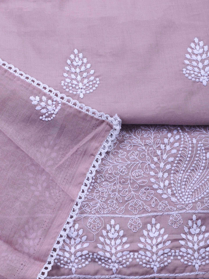 Dull Pink Embroidered Cotton Blend Unstitched Suit &amp; Pant With Cotton Dupatta