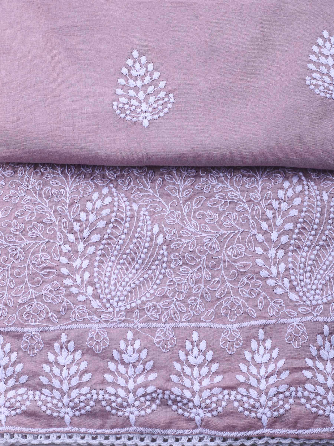 Dull Pink Embroidered Cotton Blend Unstitched Suit &amp; Pant With Cotton Dupatta