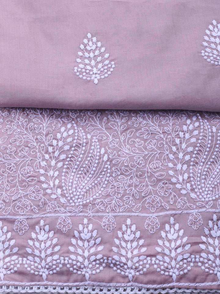 Dull Pink Embroidered Cotton Blend Unstitched Suit &amp; Pant With Cotton Dupatta