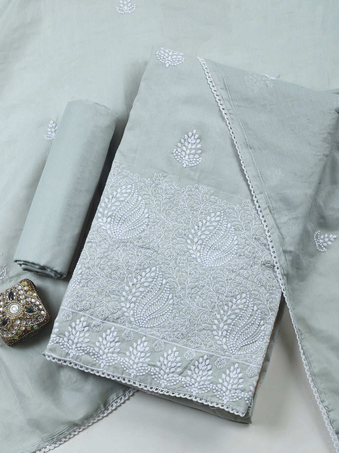 Grey Embroidered Cotton Blend Unstitched Suit &amp; Pant With Cotton Dupatta