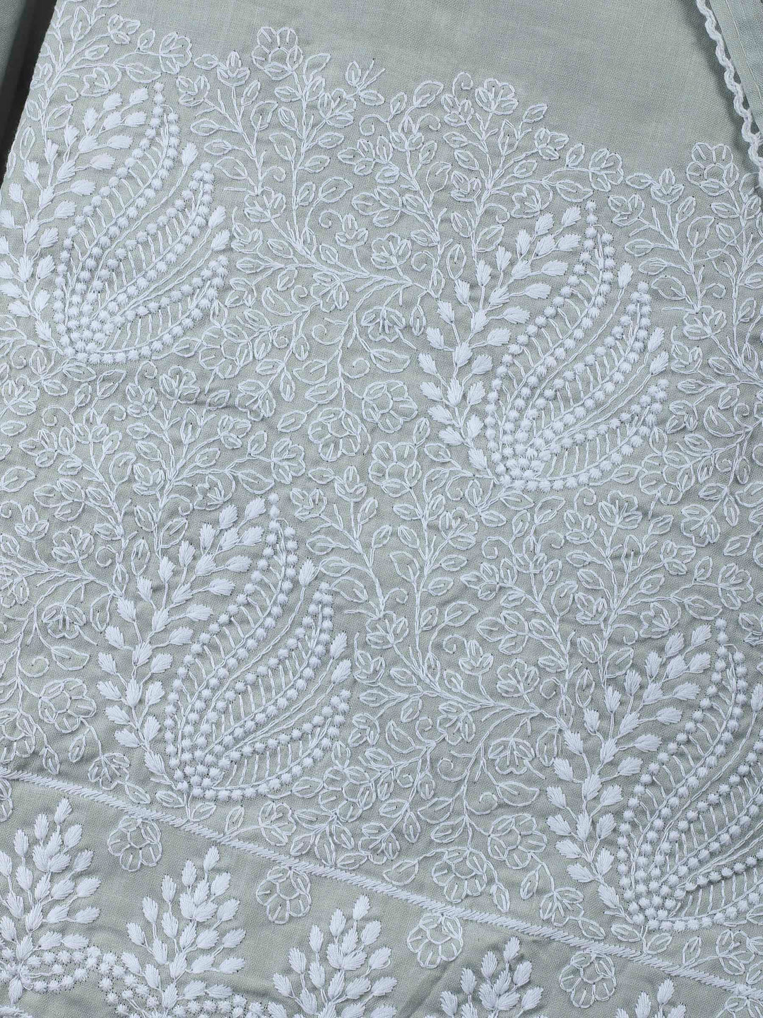 Grey Embroidered Cotton Blend Unstitched Suit &amp; Pant With Cotton Dupatta