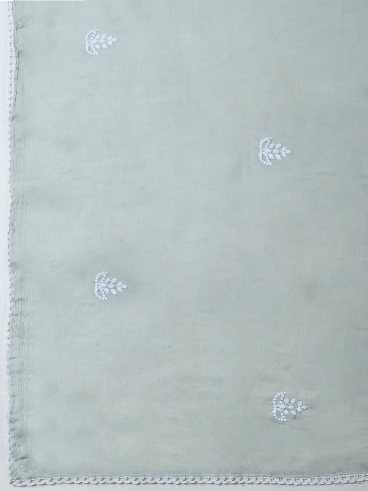 Grey Embroidered Cotton Blend Unstitched Suit &amp; Pant With Cotton Dupatta