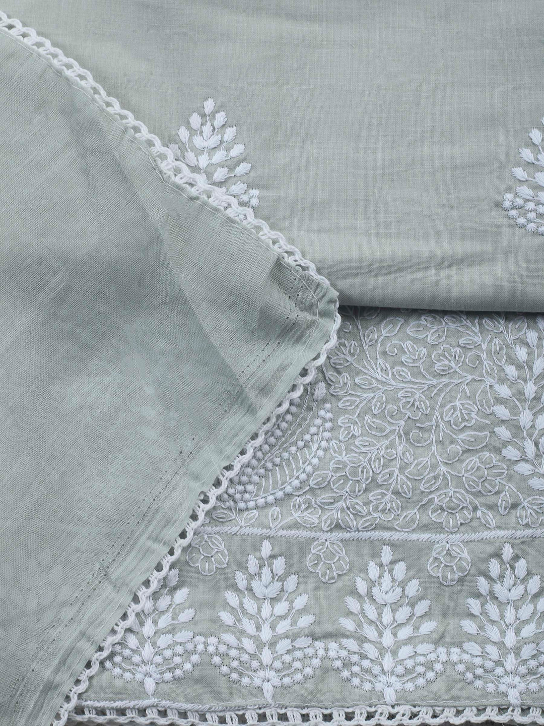 Grey Embroidered Cotton Blend Unstitched Suit &amp; Pant With Cotton Dupatta