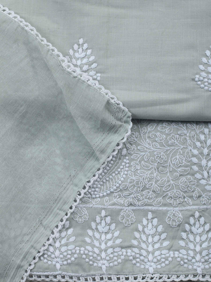 Grey Embroidered Cotton Blend Unstitched Suit &amp; Pant With Cotton Dupatta