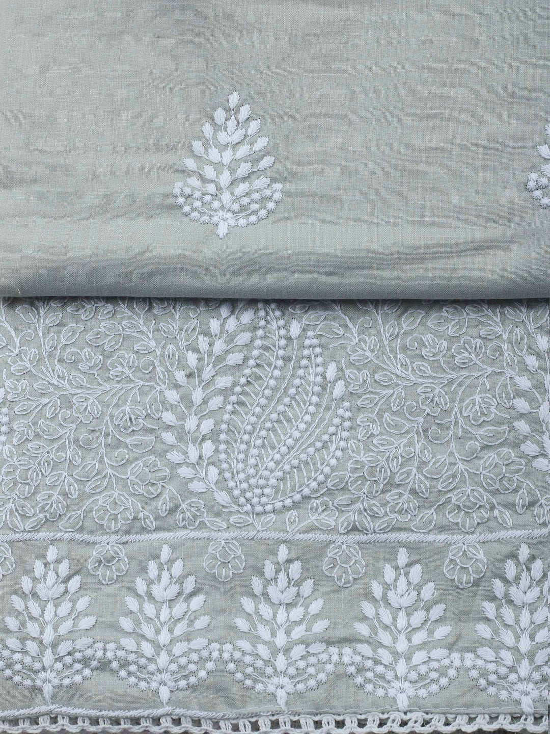 Grey Embroidered Cotton Blend Unstitched Suit &amp; Pant With Cotton Dupatta