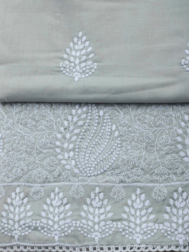 Grey Embroidered Cotton Blend Unstitched Suit &amp; Pant With Cotton Dupatta