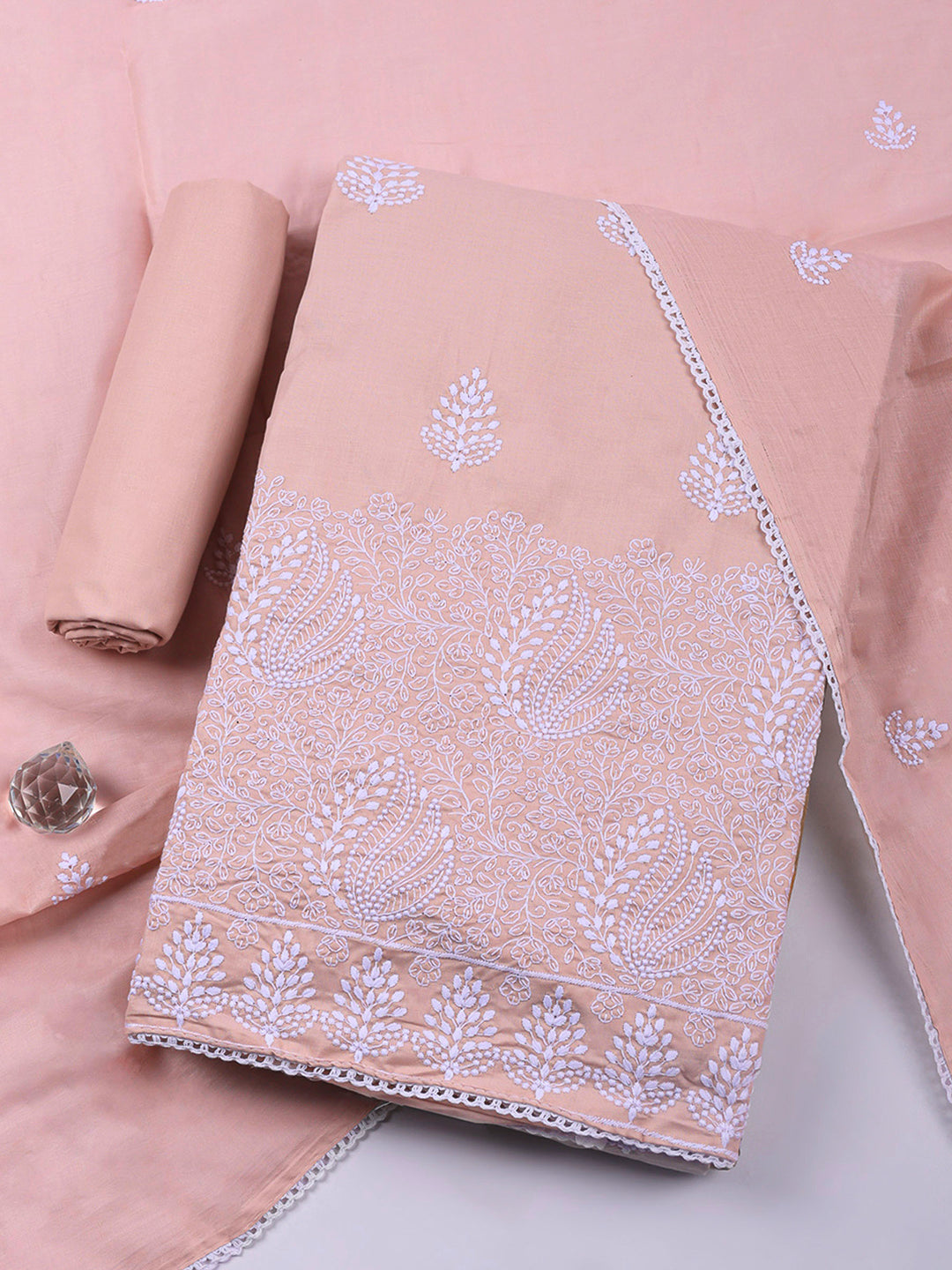 Peach Embroidered Cotton Blend Unstitched Suit &amp; Pant With Cotton Dupatta