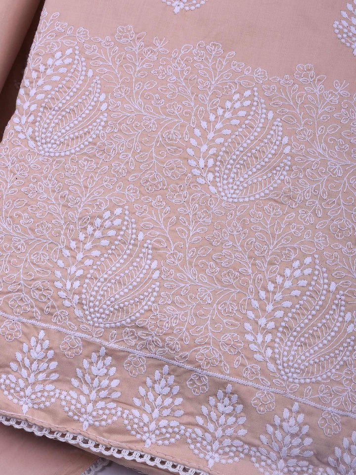 Peach Embroidered Cotton Blend Unstitched Suit &amp; Pant With Cotton Dupatta