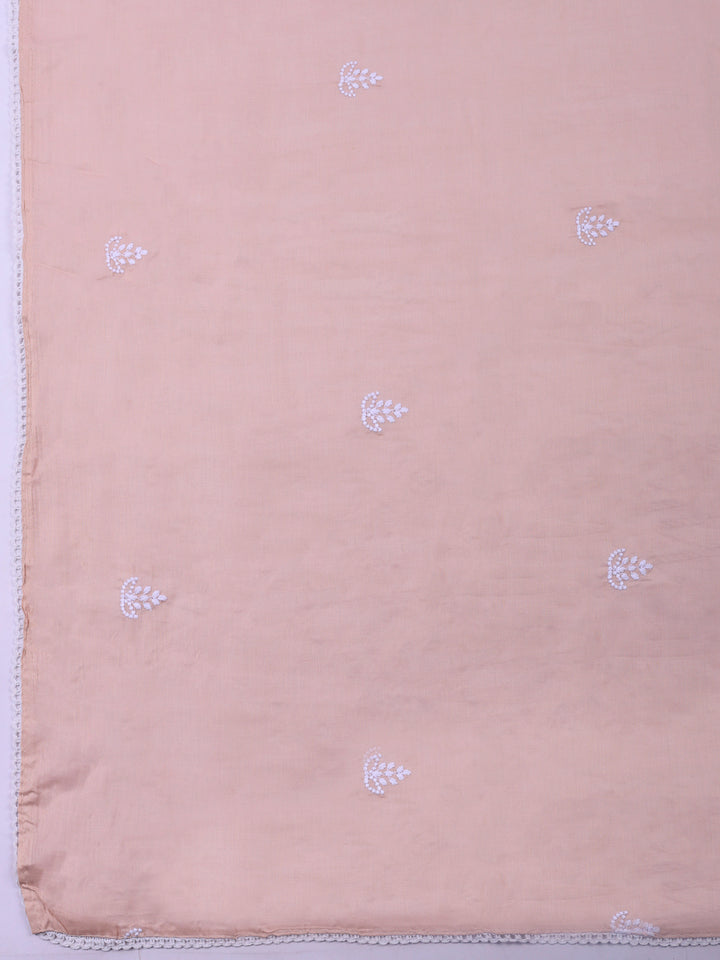 Peach Embroidered Cotton Blend Unstitched Suit &amp; Pant With Cotton Dupatta