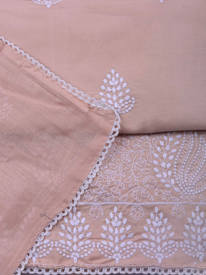 Peach Embroidered Cotton Blend Unstitched Suit &amp; Pant With Cotton Dupatta